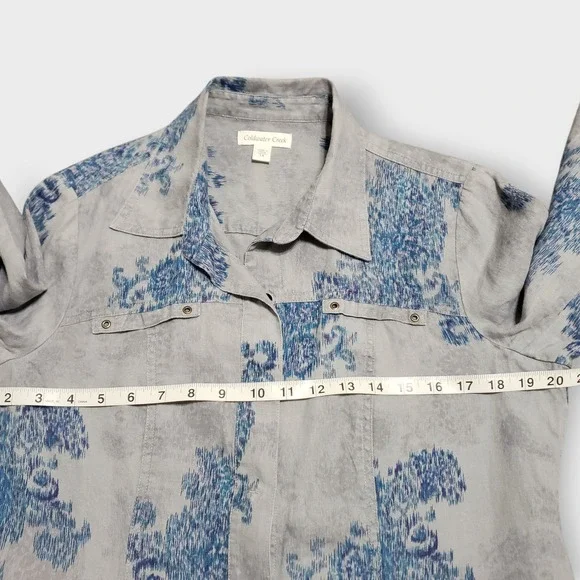 Coldwater Creek Womens 14 Gray Blue Floral Ikat 100% Linen Snap Button Jacket - Picture 10 of 13